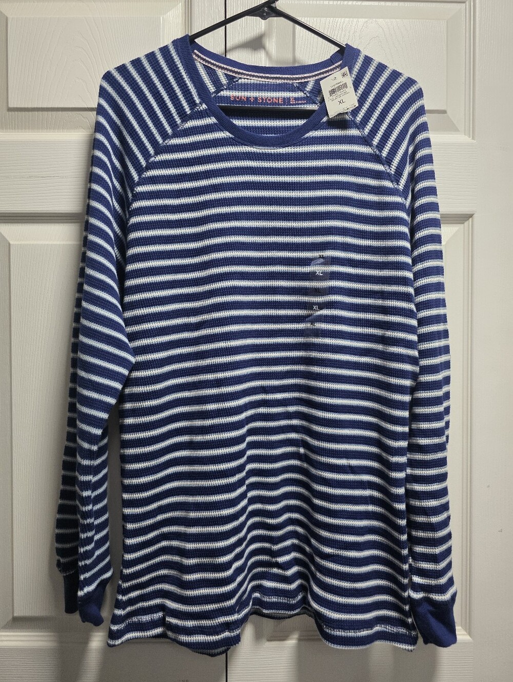 NWT Sun + Stone Men’s Long Sleeve Thermal Waffle Knit Striped Shirt Blue/White X